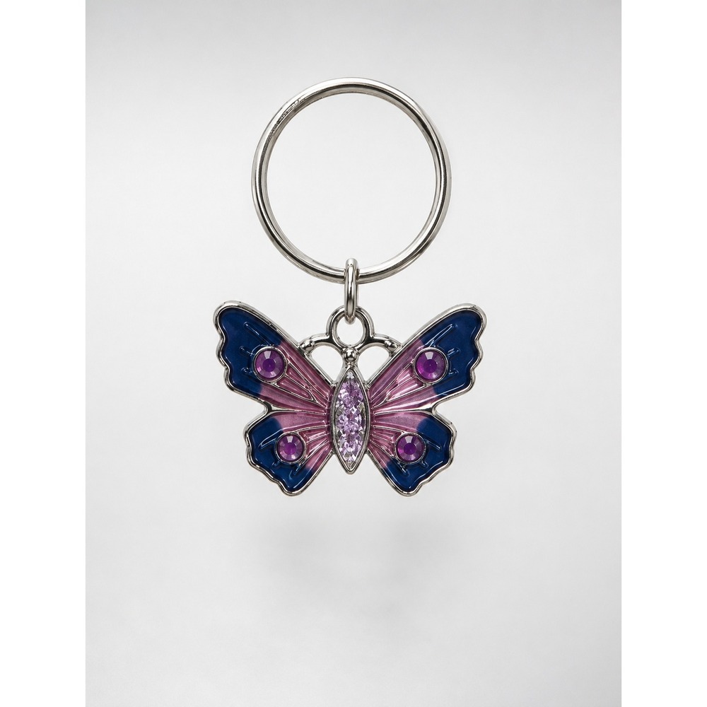 Purple Blue Rhinestone Butterfly Keychain Purse Bag Charm Silver Tone